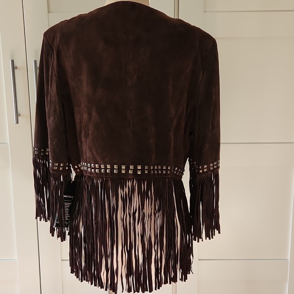 Pamela McCoy Couture Dark Brown Western Fringe Studded Crop Jacket Sz Large NWT - Picture 5 of 9